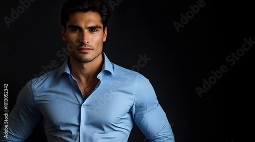 Portrait of a Man in a Blue Dress Shirt Against a Dark Background