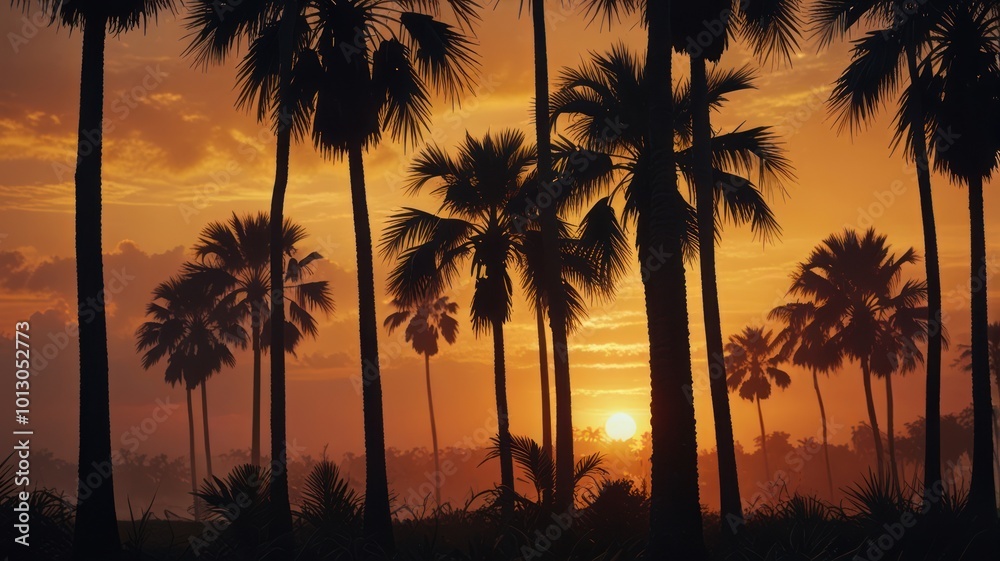Obraz premium A silhouetted palm tree grove at sunset with a hazy, orange sky.
