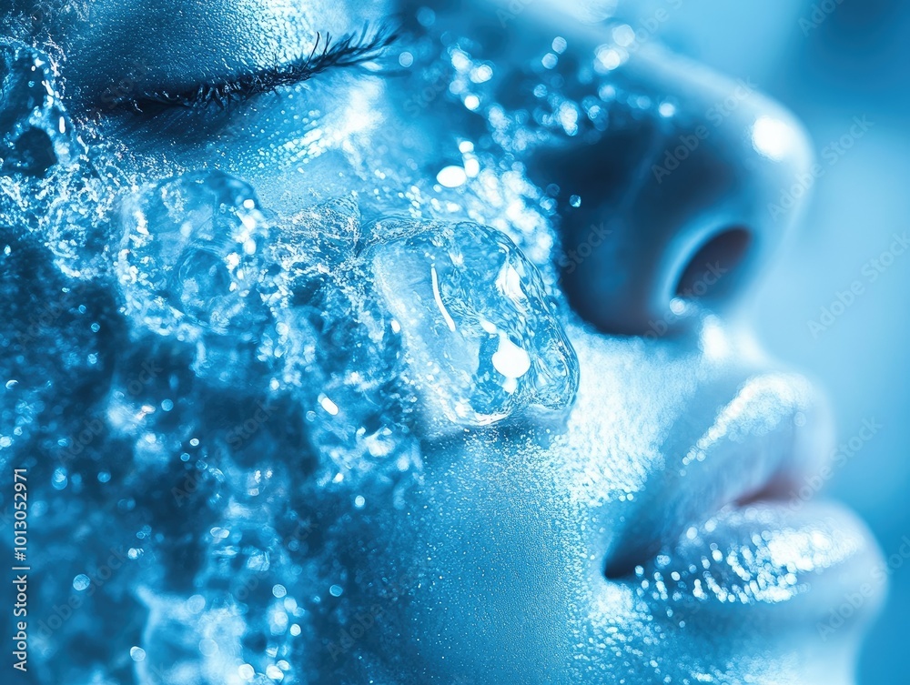 Fototapeta premium Close-Up of Face with Cold Therapy in Blue Light
