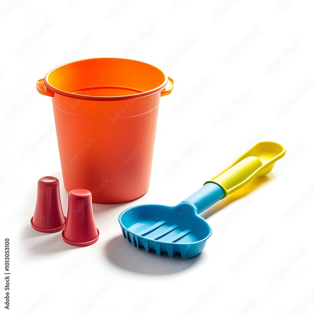 Colorful beach toys including a bucket, scooper, and cups on a white isolated background. Colorful beach toys including a bucket, scooper, and cups on a white isolated background.
