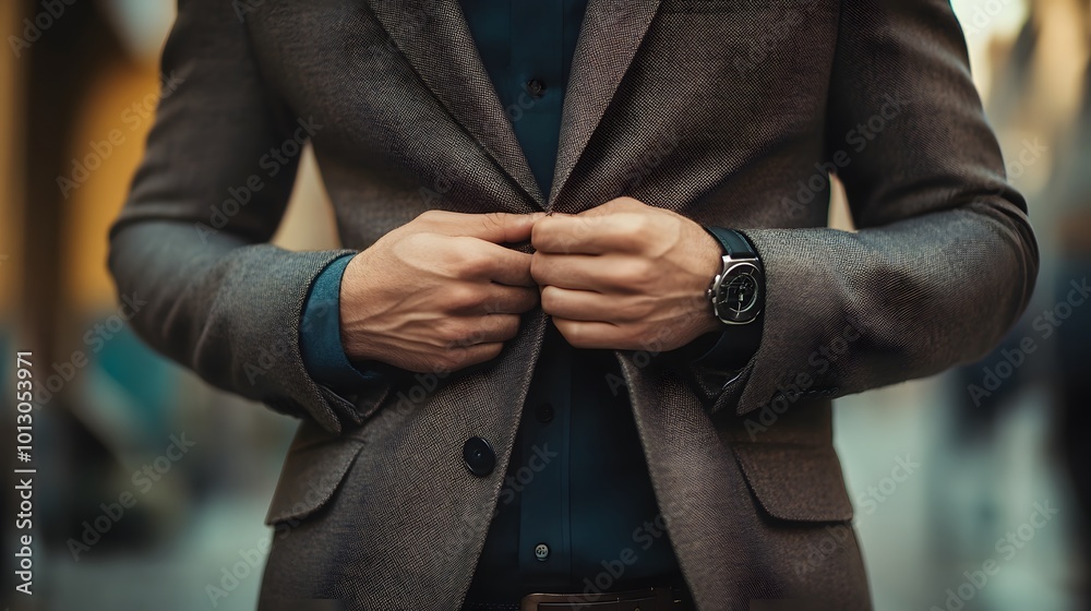 A man's hand fastening a brown textured blazer A man's hand fastening a brown textured blazer