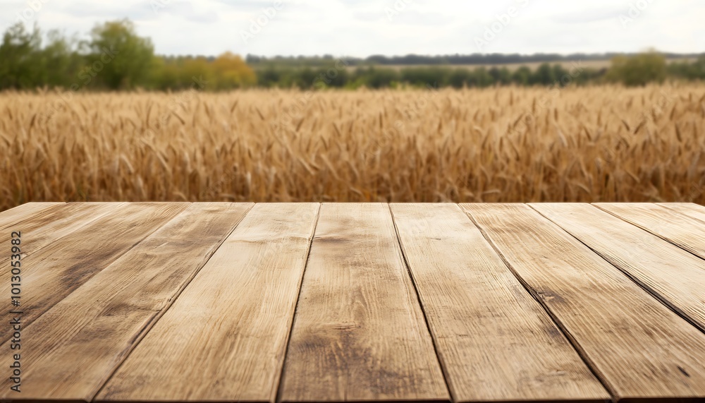 Wooden Tabletop Against a Blurred Wheat Field Wooden Tabletop Against a Blurred Wheat Field