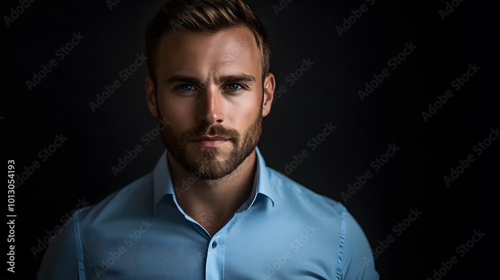 Close-up Portrait of a Young Man with a Blue Shirt and a Beard Close-up Portrait of a Young Man with a Blue Shirt and a Beard