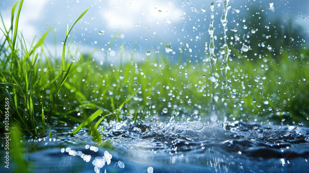 strong raining landscape with water drops strong raining landscape with water drops