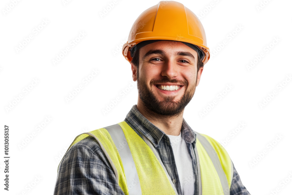Smiling construction worker wearing hard hat and reflective vest, isolated on white background. Smiling construction worker wearing hard hat and reflective vest, isolated on white background.