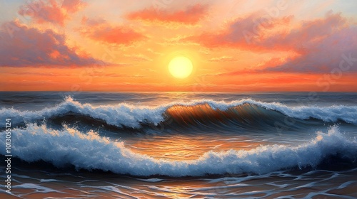 Close-up of the sun setting over an ocean, with gentle waves and soft colors in the background