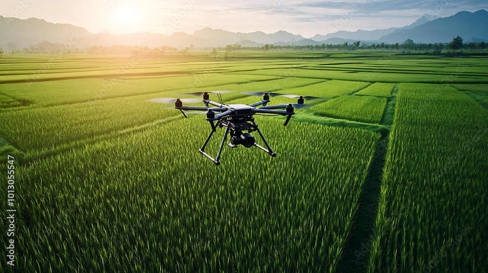 drone flying over lush green rice fields at sunset creates serene atmosphere drone flying over lush green rice fields at sunset creates serene atmosphere
