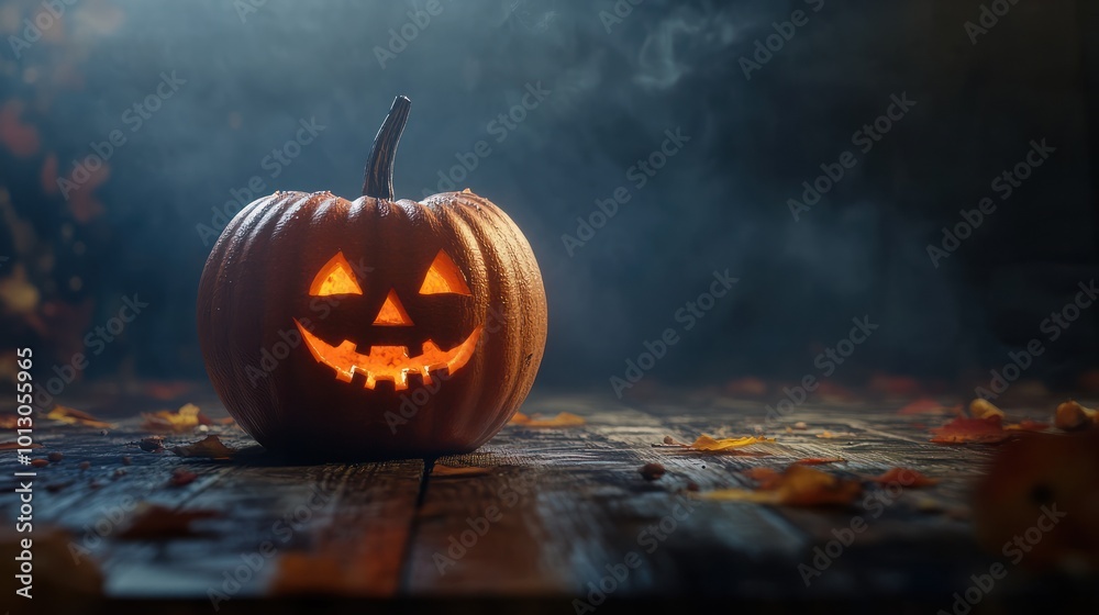 Halloween Pumpkin on wooden table in front of spooky dark background. Jack o lantern Halloween Pumpkin on wooden table in front of spooky dark background. Jack o lantern