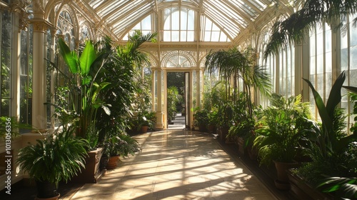 A sunlit greenhouse with lush greenery.