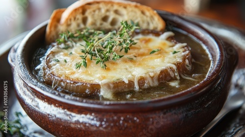 French Onion Soup in a Rustic Bowl