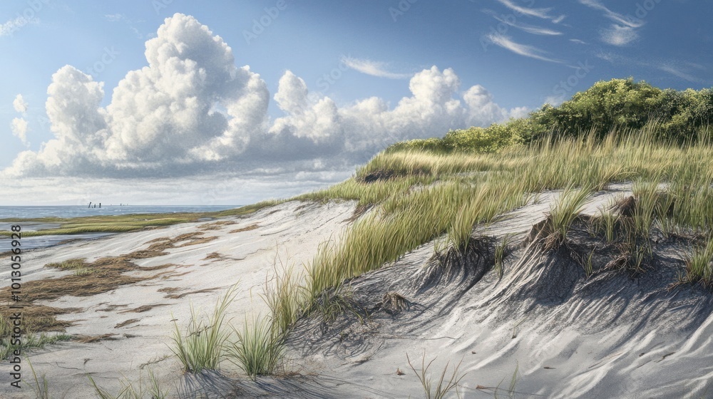 Barrier island developing along the coast, with sand dunes forming and grasses taking root Barrier island developing along the coast, with sand dunes forming and grasses taking root