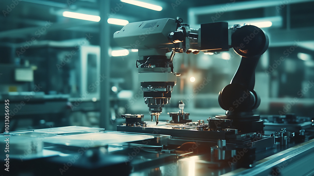 Automated robot arm working in modern factory environment