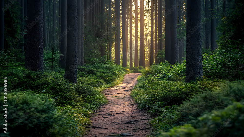 Fototapeta premium serene path winds through dense forest, illuminated by soft sunlight