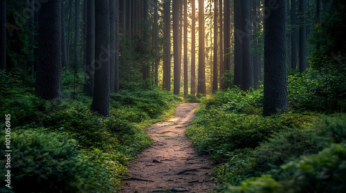 serene path winds through dense forest, illuminated by soft sunlight