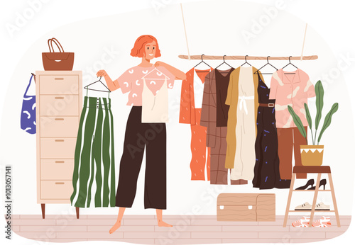 Woman Organizing Stylish Wardrobe in a Closet. A person carefully arranging clothes in a wardrobe, focusing on stylish and modern fashion. Great for topics related to fashion, and home lifestyle