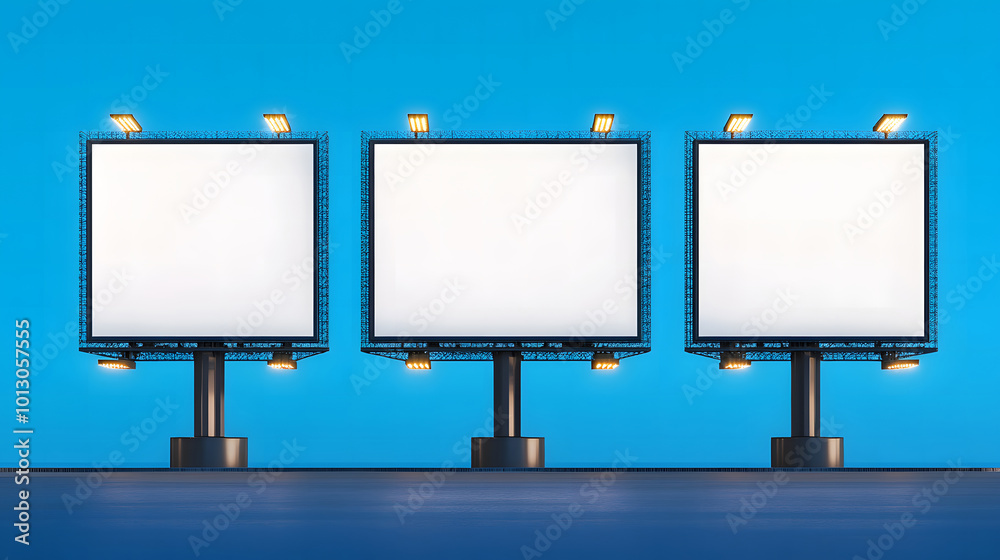 Fototapeta premium Trio of Blank Billboards Illuminated at Night design, mock up