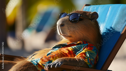 A capybara wearing a Hawaiian shirt and sunglasses. Vacation concept.
