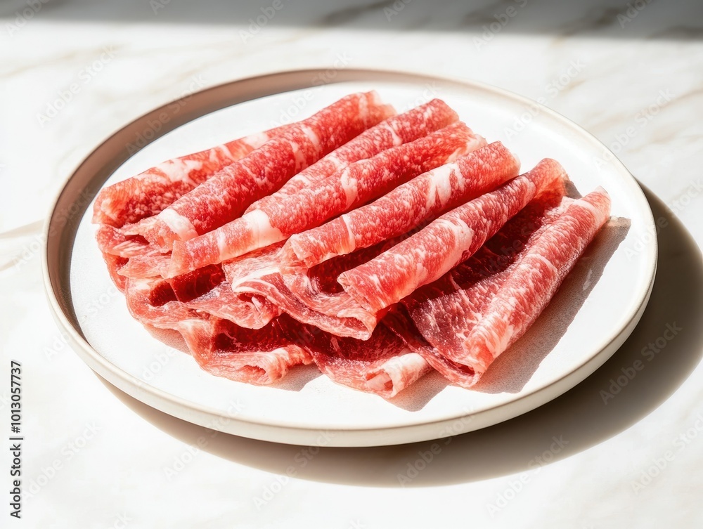 Thin Slices of Shabu Meat Arranged Neatly on Plate Thin Slices of Shabu Meat Arranged Neatly on Plate