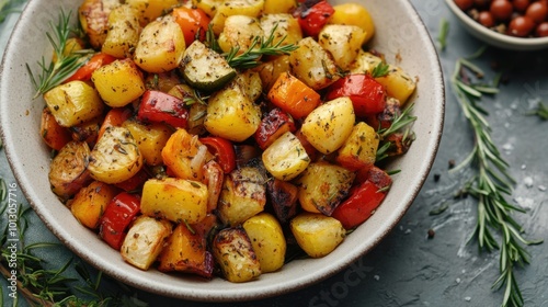 Thanksgiving herb-roasted vegetables, top view shot with soft-focus background, in a simple white bowl, natural textures, organized layout.