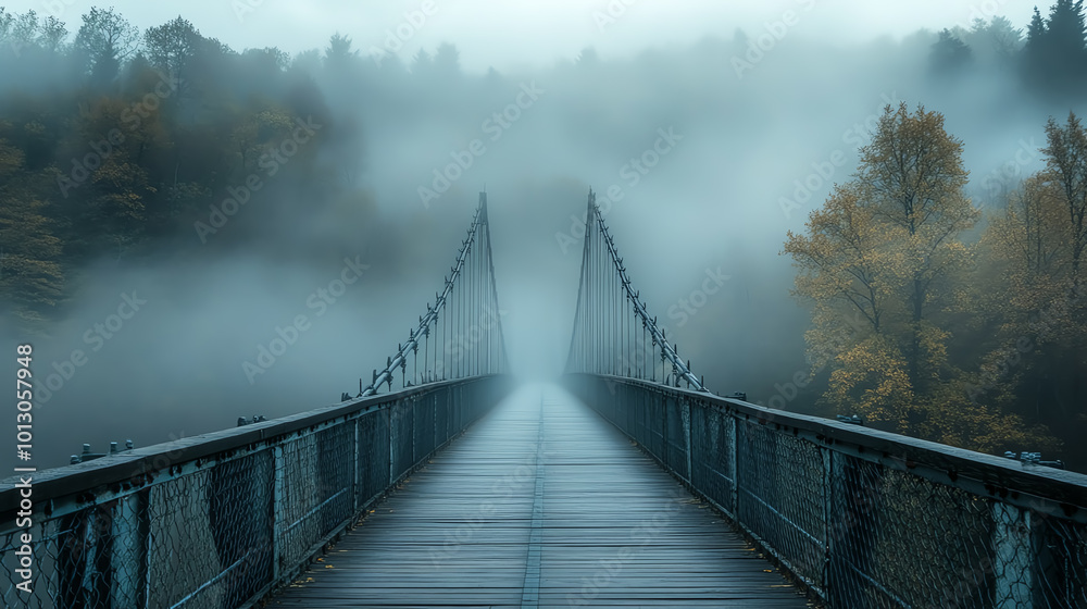 Obraz premium A suspension bridge disappearing into a foggy forest.