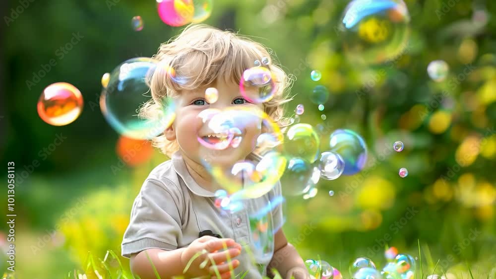 Joyful toddler playing with bubbles in sunny garden