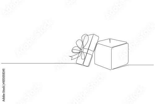 Hand-drawn birthday box continuous line drawing. Open box outline vector isolated on white background.	