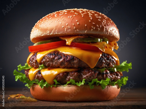 Delicious Cheeseburger With Fresh Lettuce Tomatoes Onions Presented On A table Modern Cinematic Food Photography Colours Copy Space for text or image 300 PPI High Resolution Image
