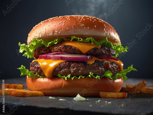 Delicious Cheeseburger With Fresh Lettuce Tomatoes Onions Presented On A table Modern Cinematic Food Photography Colours Copy Space for text or image 300 PPI High Resolution Image