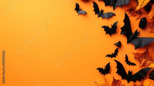 Happy halloween holiday concept. Halloween decorations, bats, ghosts on orange background. Halloween party greeting card mockup with copy space. Flat lay, top view, overhead.