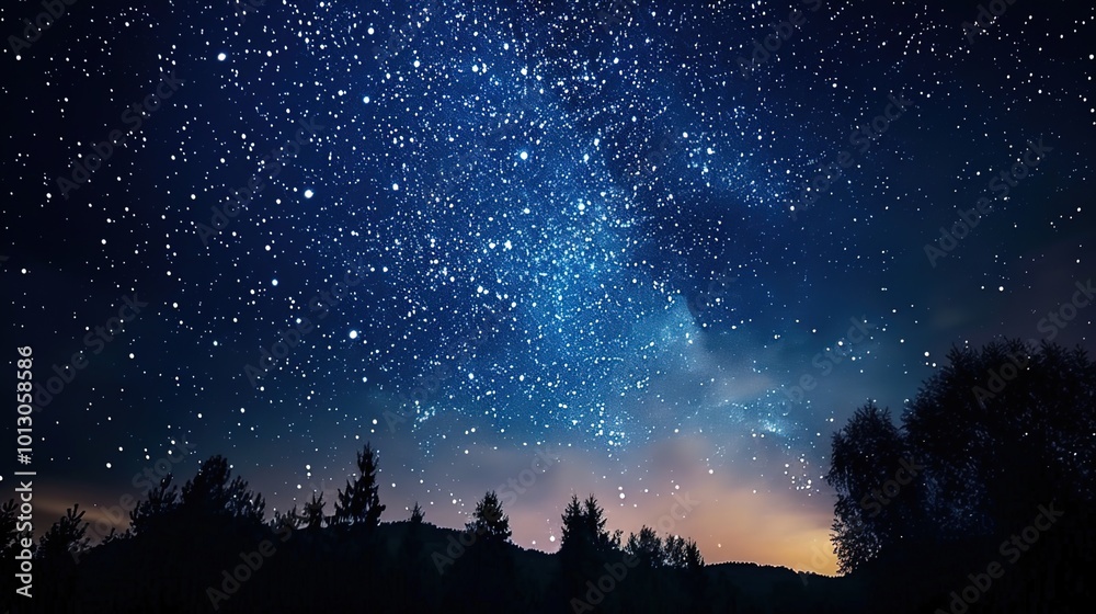 Fototapeta premium constellations and stars in the night sky with twinkling lights above dark forest