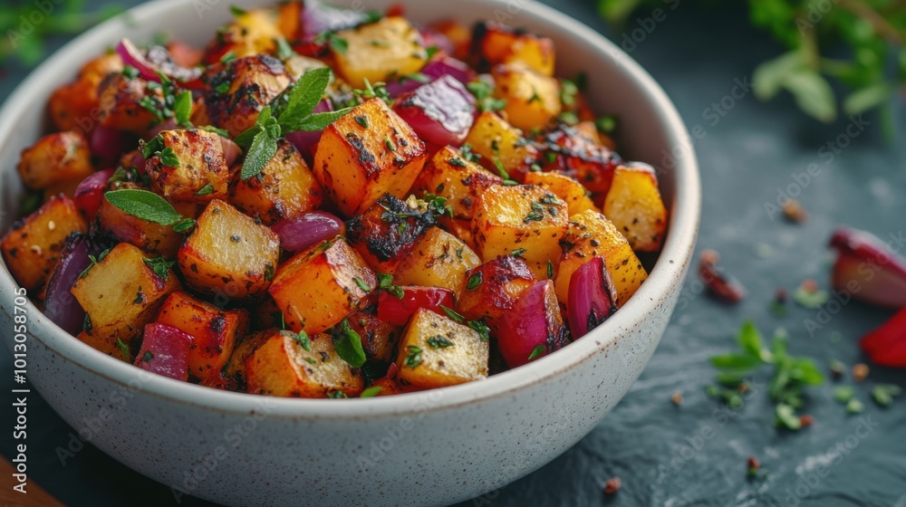 Thanksgiving herb-roasted vegetables, top view shot with soft-focus background, in a simple white bowl, natural textures, organized layout. Thanksgiving herb-roasted vegetables, top view shot with soft-focus background, in a simple white bowl, natural textures, organized layout.