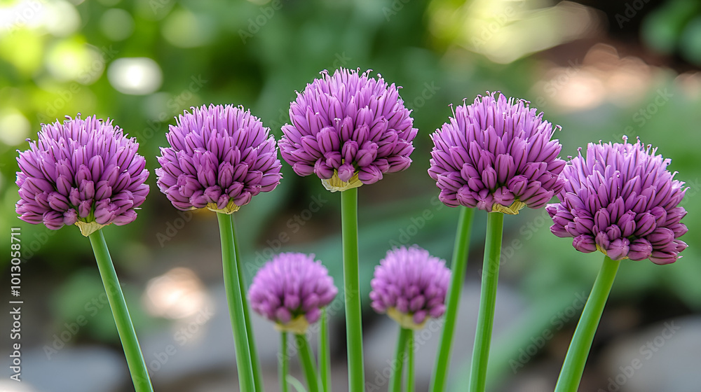 Fototapeta premium Beautiful purple chive flowers blooming in a garden under bright sunlight