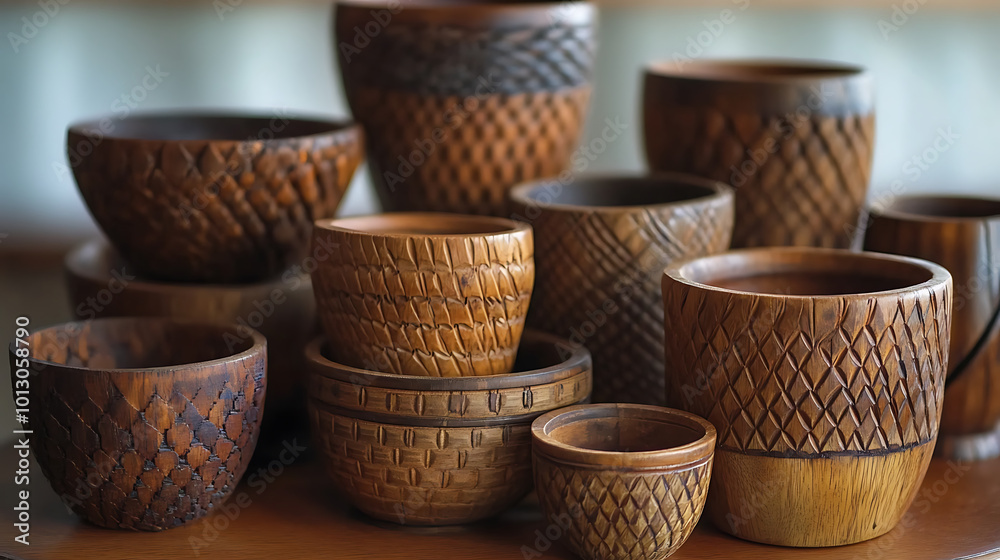 Handmade wooden bowls and containers showcase intricate designs and craftsmanship Handmade wooden bowls and containers showcase intricate designs and craftsmanship