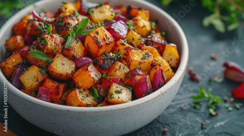 Thanksgiving herb-roasted vegetables, top view shot with soft-focus background, in a simple white bowl, natural textures, organized layout.