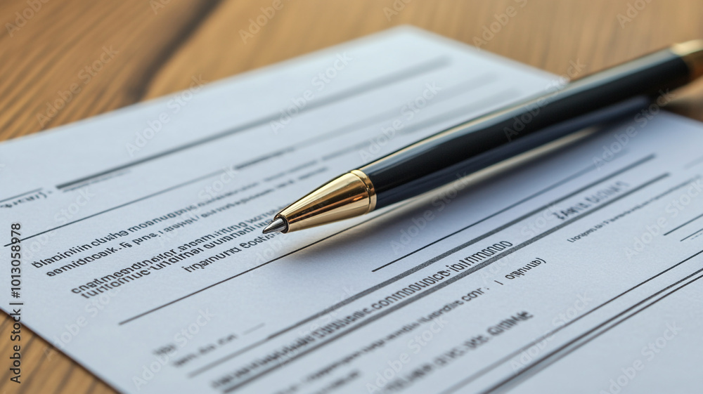 A close-up view of a pen resting on a blank document on a wooden table in an office setting A close-up view of a pen resting on a blank document on a wooden table in an office setting
