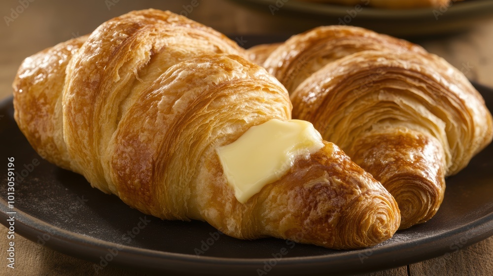 Flaky French Croissants Freshly Baked on a Plate Flaky French Croissants Freshly Baked on a Plate