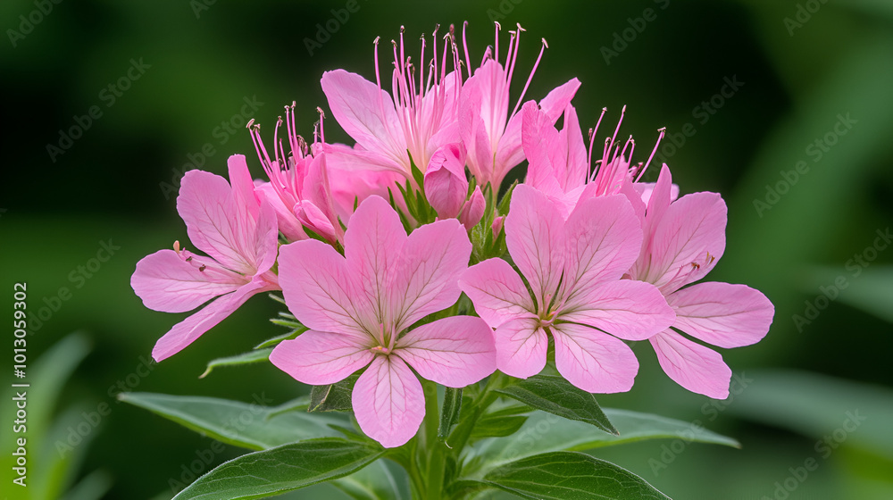 Obraz premium Pink flowers bloom vibrantly in a lush garden during springtime, displaying delicate petals and green foliage