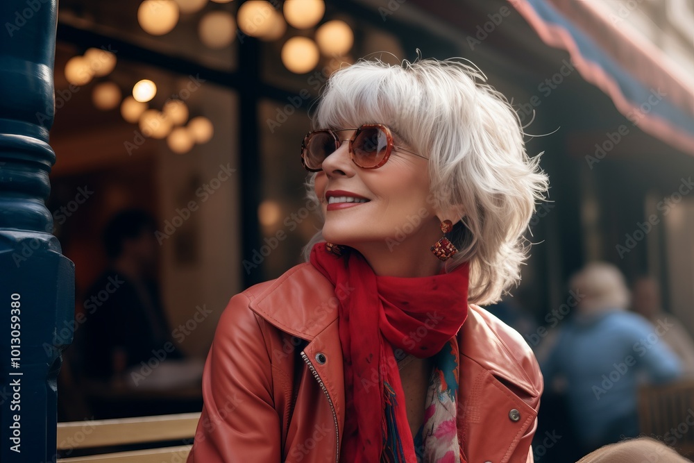 Beautiful young woman with short white hair in sunglasses and red scarf on the street. Beautiful young woman with short white hair in sunglasses and red scarf on the street.
