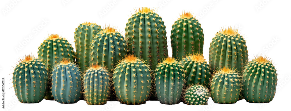 Green Barrel Cactus Cluster with Yellow Spines on White Background Green Barrel Cactus Cluster with Yellow Spines on White Background