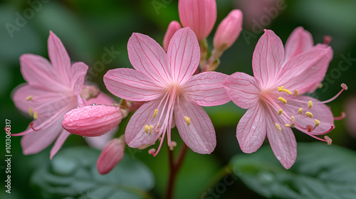 Delicate pink flowers bloom amidst lush green leaves in a vibrant garden during springtime
