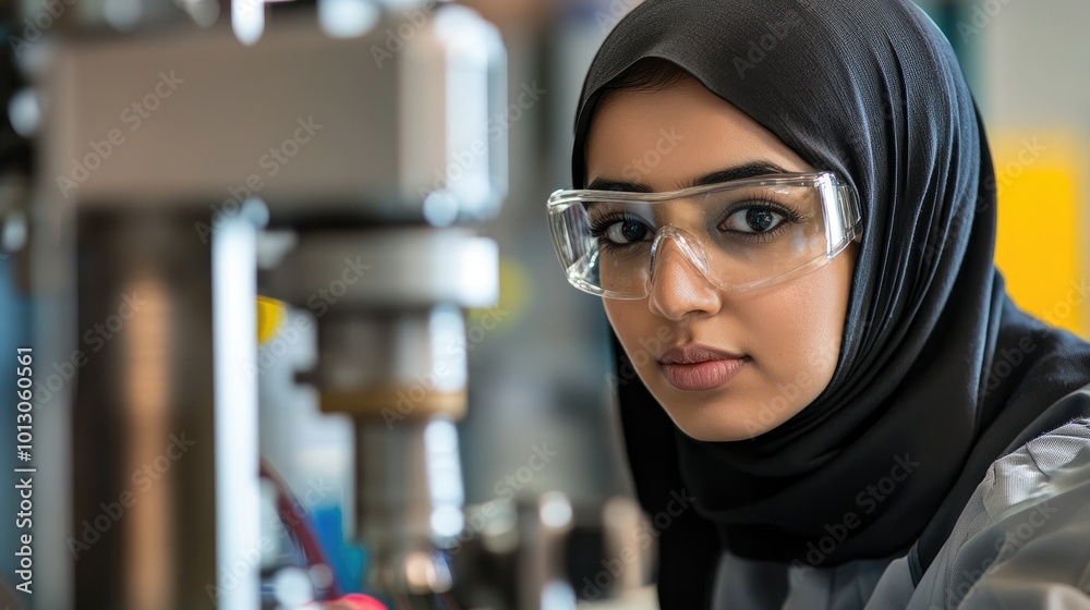 Female Engineer in Hijab Inspecting Machinery Female Engineer in Hijab Inspecting Machinery
