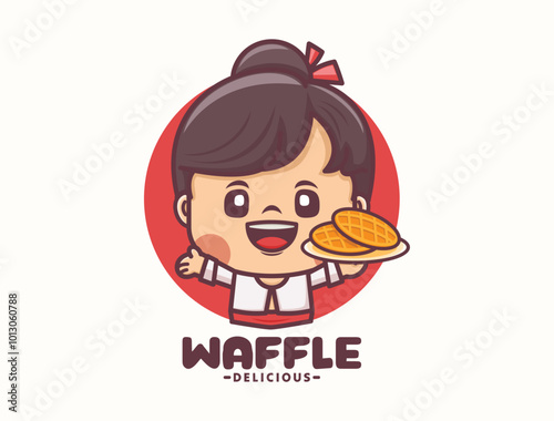female cartoon mascot design with waffle. food logo template