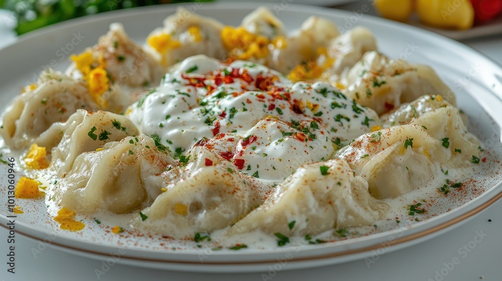 Colorful Turkish Manti Dumplings with Yogurt Sauce Colorful Turkish Manti Dumplings with Yogurt Sauce