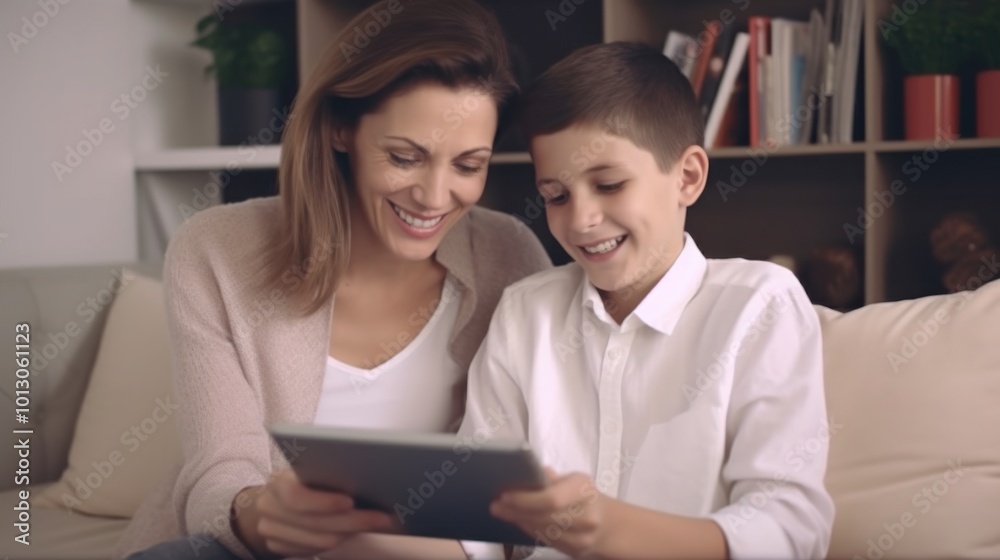 A joyful mother assists her son with homework on a tablet. They share smiles, creating a cozy and supportive learning atmosphere in a living room. A joyful mother assists her son with homework on a tablet. They share smiles, creating a cozy and supportive learning atmosphere in a living room.