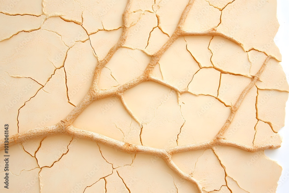 A close-up of cracked, dry surface resembling parched earth, showcasing intricate textures and lines.