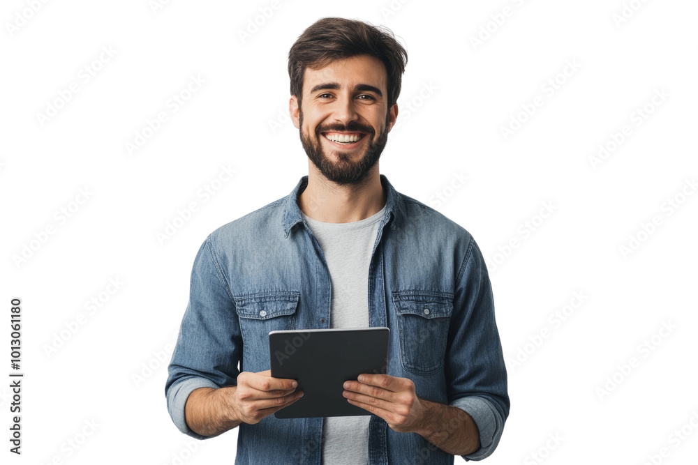 Smiling man holding tablet, wearing casual denim shirt, showcasing happiness and technology in lifestyle. Smiling man holding tablet, wearing casual denim shirt, showcasing happiness and technology in lifestyle.