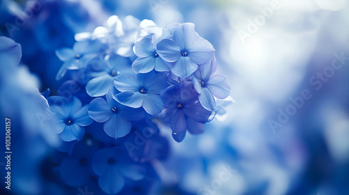 Delicate blue flowers bloom softly in a serene garden during early morning light, showcasing nature's tranquil beauty