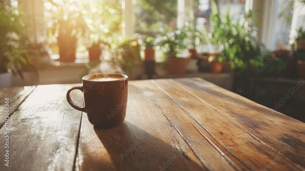 Cozy Coffee Cup on Wooden Table with Natural Light Cozy Coffee Cup on Wooden Table with Natural Light