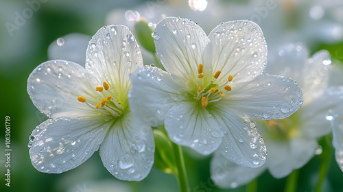 Delicate white flowers glisten with morning dew in a serene garden setting during springtime