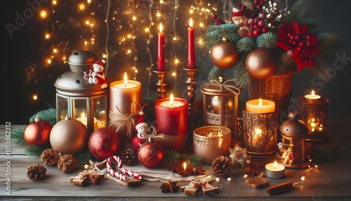 christmas decoration with candles,  lights, chrisms balls put in a set, created whit A.I generatiive..   photo